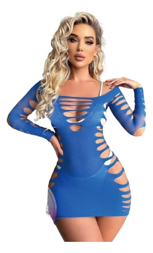 Vestido Azul Con Aberturas, Malla Sexy