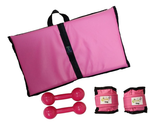 Kit Tornozeleira 1kg + Colchonete + Halteres 2kg Rosa.