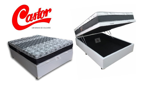 Cama Box Baú Casal + Colchão Casal Castor Class Bonnel Cor Corino Branco