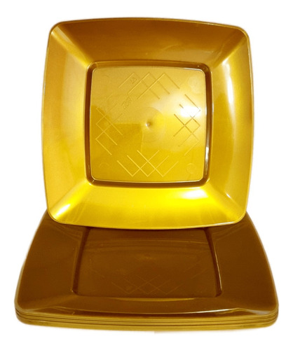 50 Pratos Acrílico Quadrado Refeição 22cm Dourado Ouro