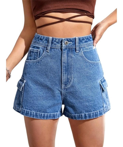 Short De Jean Cargo Bolsillos Calce Mujer Tendencia 