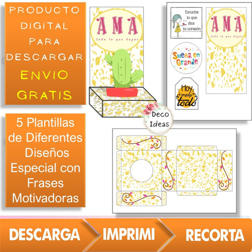 Imagen 4 de 4 de Kit Imprimible Caja Porta Maceta Frase Positiva + Tarjetatag