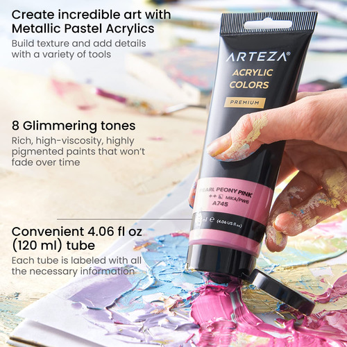 Juego De Pinturas Acrilicas Pastel Metalico 8 Colores 120 Ml