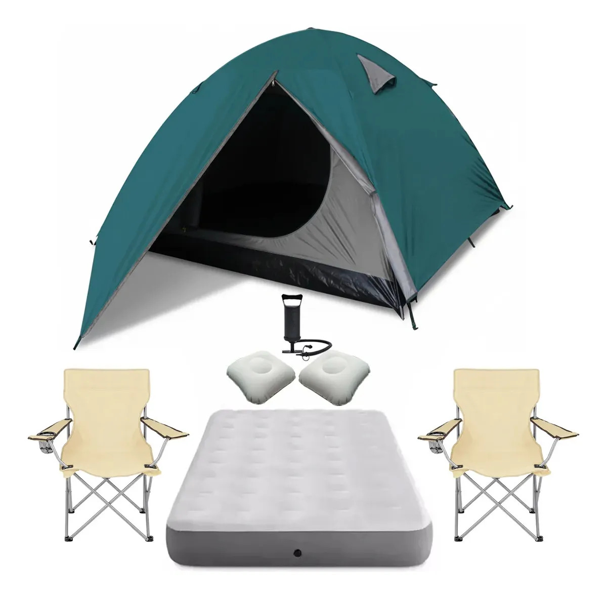 Carpa 4 Personas Colchón 2p Almohada X2 Sillas X2 Inflador Color Gris-Beige