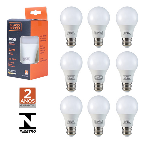 Kit 10 Lâmpada Led Bulbo 9,8w E27 Amarela Black Decker Biv.