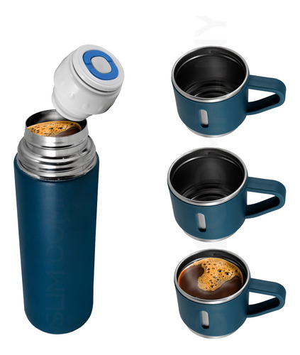 Termo De Acero Inoxidable 500 Ml 3 Tazas Café Frío Caliente Color Azul