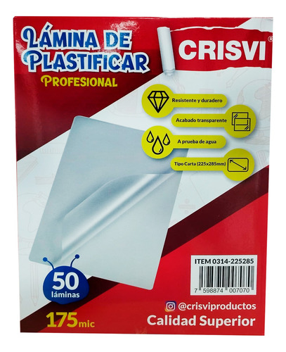 Lamina De Plastificar Carta Crisvi 50 Hojas 175 Micras