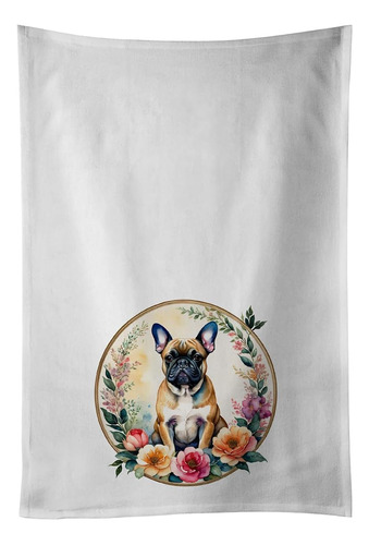 Fawn French Bulldog And Flowers Kitchen Towel Set Of 2 White