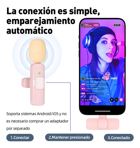 Micrófono Gamer Lavalier Solapa Inalámbrico Para Iphone Rosa