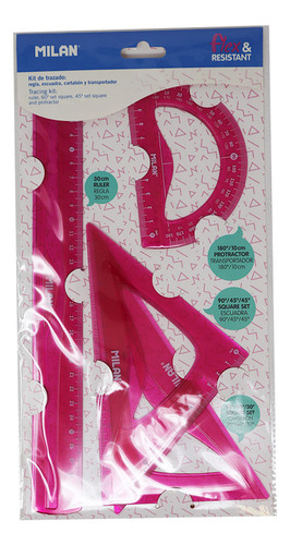 Juego Geométrico Regla 30cm 4pzs Flexible Rosa