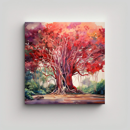 30x30cm Cuadro Abstracto A Banyan Tree En Colores Rojo Y Ros