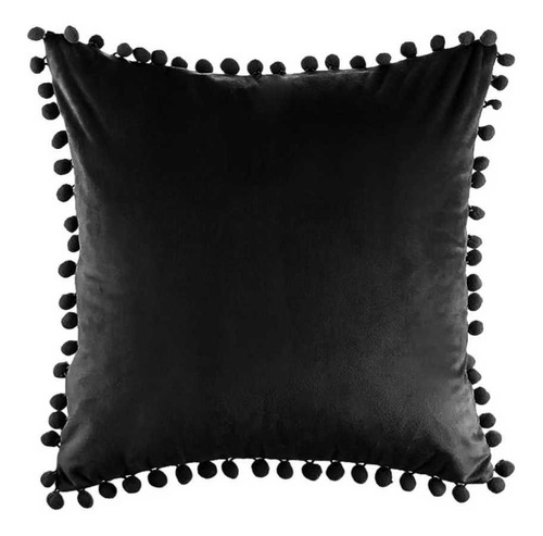 Funda Terciopelo Para Cojin Pompon Decorativas Negro 42x42