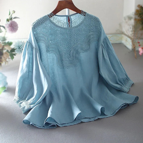 Blusa Retro De Lino Y Algodón Con Manga De Farol Para Mujer,