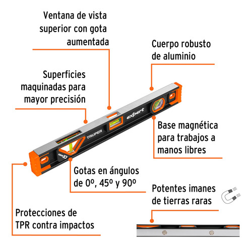 Nivel De Mano De Aluminio Magnético 18 Truper Expert 14625