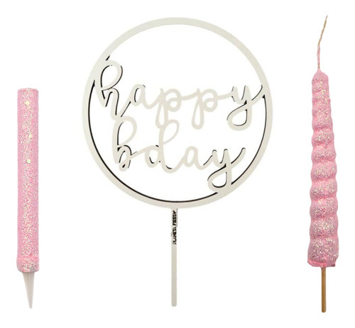 Pack Deco Vela Topper Cumple Torta Feliz Cumple Rosa