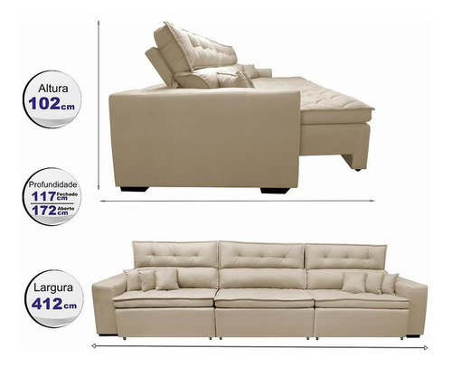 Sofá Retrátil E Reclinável 4,12m Austin Molas Suede Bege