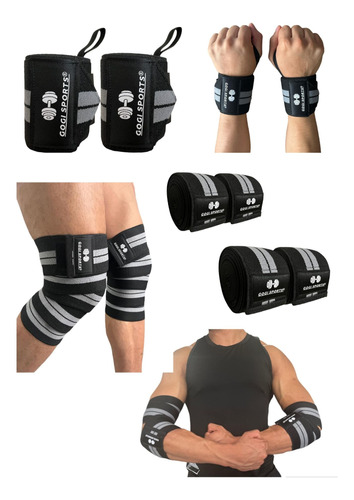 Kit Vendas Para Rodilla Knee Wraps + Coderas +muñequeras Gym