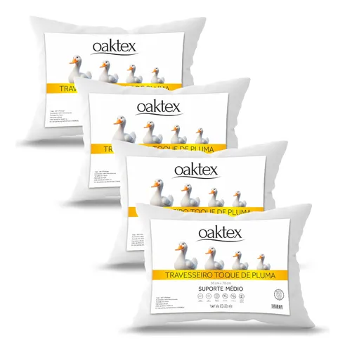 Quatro travesseiros Oaktex 50x70 antialérgico fibra siliconada branco embalados.