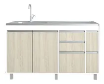 Comprar Mueble Bajo Mesada Cocina 140 Cm 2 Ptas 5 Caj. -sin Bacha ++ Color Pino Cascina Con Perfiles Color Aluminio