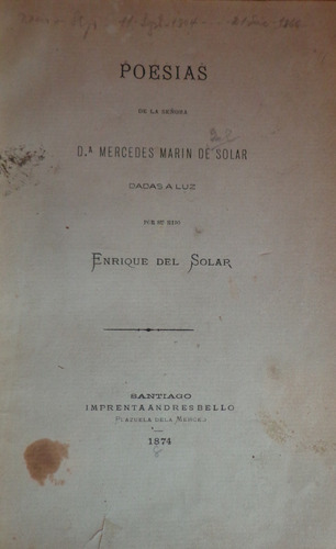 Mercedes Marin De Solar Poesias 1874 Poemas Antiguo