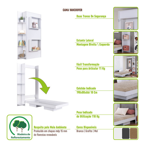 Cama Articulada Solteiro Vertical Com 4 Prateleiras E 2 Nichos Cv1085 80cm Mel - Art In Móveis