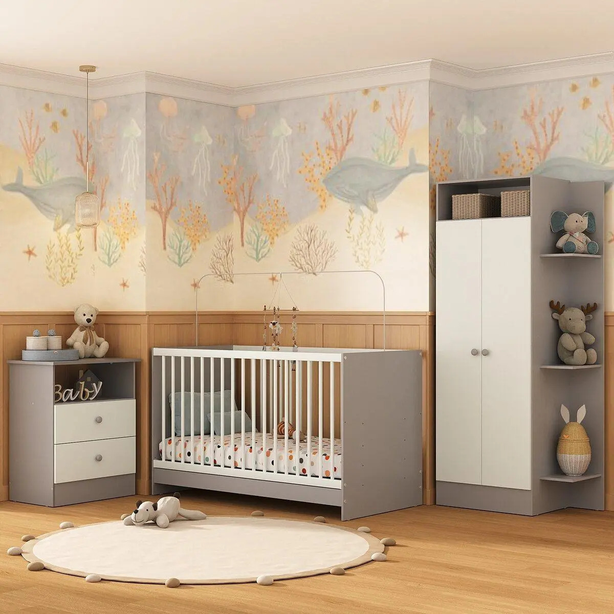 Jogo De Quarto Infantil Com Colchão Trevalla Móveis Pom Pom Cinza/branco