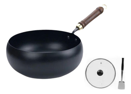 . Olla De Hierro Wok Con Fondo Redondo, Cubierta De Madera