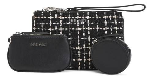 Bolsa Set 3 Piezas Nine West Mistletoe SLG Diseño Cuadriculado Y Liso De Piel  Negra Con Correa De Hombro Negra Asas Color Negro Y Herrajes Plata