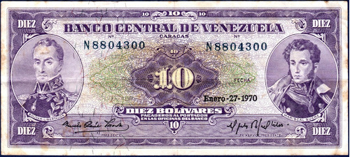 Billete 10 Bolívares N7 Enero 27 1970 Simón Bolívar Y Sucre