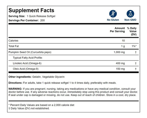 Pumpkin Seed Oil 1000mg Aceite Semilla Calabaza 200 Softgels