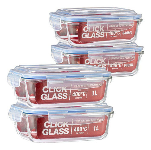 Kit 4 Potes De Vidro Herméticos Alta Qualidade Click Glass