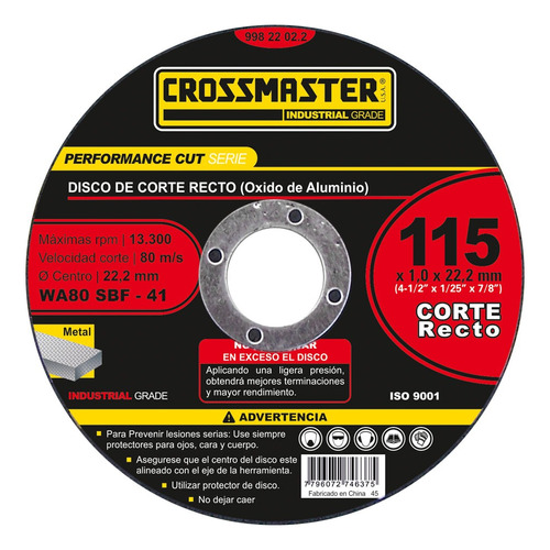 Disco De Corte Recto 115x1,6x22,2mm Para Metal Crossmaster