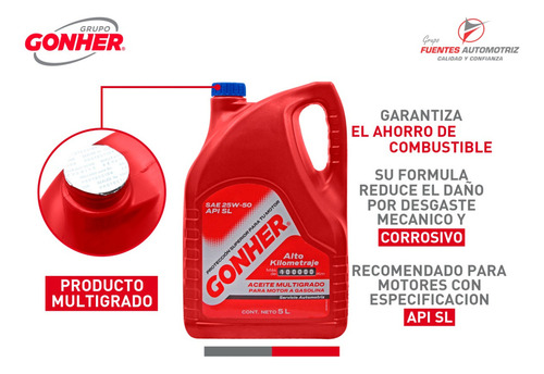 2 Garrafa Aceite Alto Kilometraje 25w50 Multigrado Gonher 5l