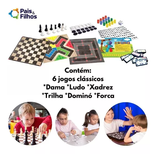 Jogos Clássicos 6 em 1 Xadrez, Ludo, Dama, Trilha, Forca e Dominó