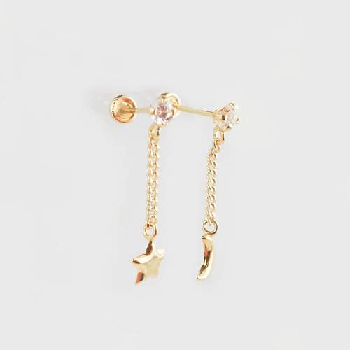 Amor Eterno- Broqueles Luna Estrella Cadena / Aretes Oro 10k