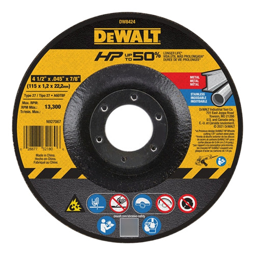 Disco De Corte Acero Inoxidable Dewalt Dw8424 4 1/2 Color Negro