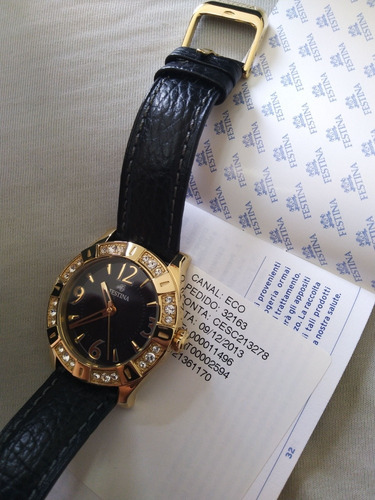 Relógio Festina F16580 Dourado Feminino Pulseira Couro