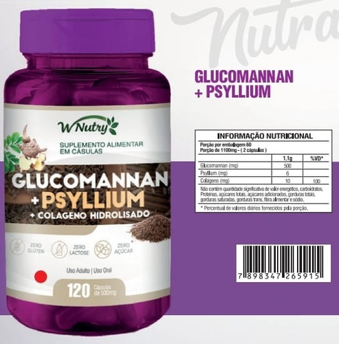 Glucomannan Com Psyllium É Colágeno Hidrolisado 120caps Puro