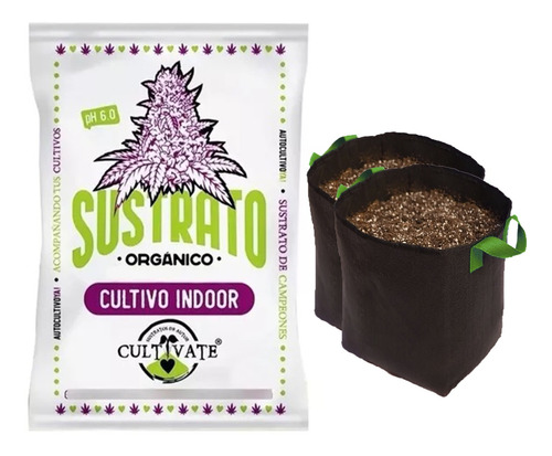 Sustrato Cultivate Indoor Orgánico 25lts Geotextil 10lts 2u