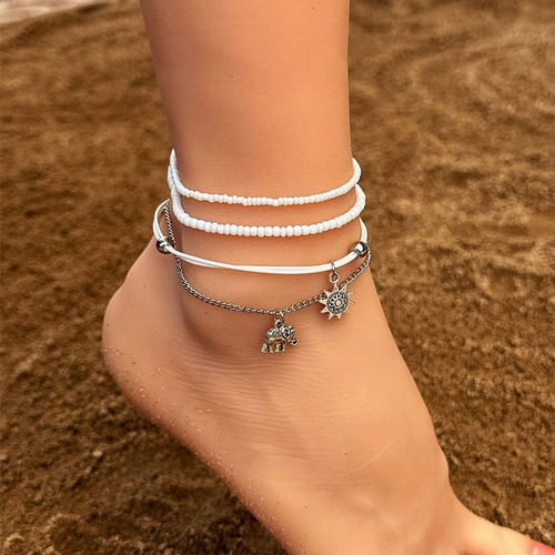 Tobilleras Bohemias Con Diseño De Elefante Y Sol, Cuentas Bl