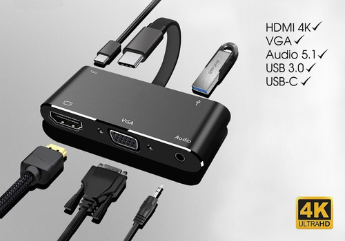 Adaptador Usb C Hdmi Vga Audio 3.0 Usb Carga 5 En 1 Mhl Otg Color Negro