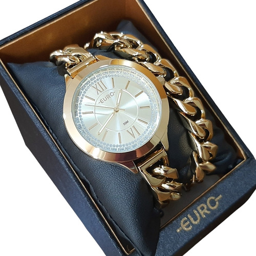 Relógio Pulseira Feminino Euro Dourado De Luxo Lançamento 