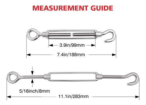 Tensores De Gancho Y Ojal M8 Acero Inoxidable 304 Mmg