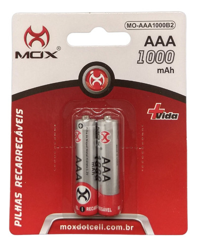 Kit 2 Pilhas Recarregáveis Mox Mo-aaa1000b2
