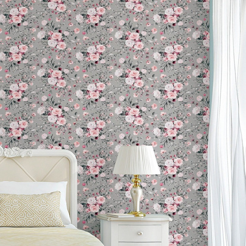 Papel Parede Floral Cinza Flores Lavavel Rolo 5 Mts Adesivo