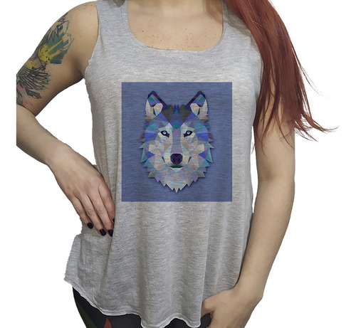 Musculosa Dama Animal Lobo Husky Geometrico Hipster Azul