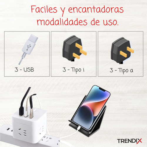 Enchufe Universal Adaptador Cubo 3 Tomas + 3 Usb