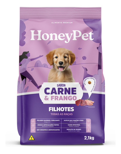 Ração HoneyPet Alimento Premium Completo Para Cães Filhotes Todas As Raças Sabor Carne E Frango 2.1Kg