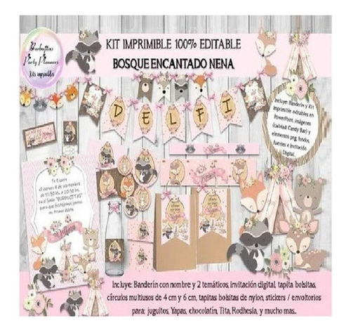 Kit Imprimible Animales Del Bosque Tribal Rosa 100% Editable