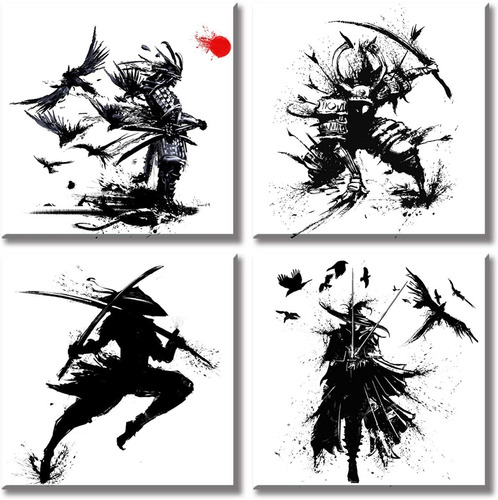 Set 4 Cuadros Decorativos Samurai Japones Blanco Negro Hogar